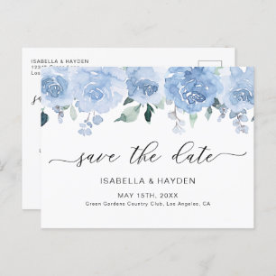 Dusty Blue Pastel Floral Light Boho Save The Date Announcement Postcard