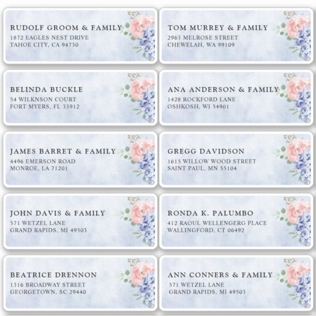 Dusty Blue Pastel hydrangea Guest Name Address (Front)