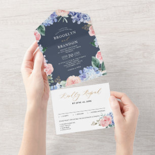 Dusty Blue Pastel Pink hydrangeas Wedding All In O All In One Invitation