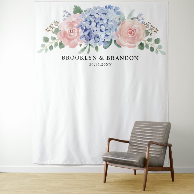 Dusty Blue Pastel Pink hydrangeas Wedding Backdrop Tapestry (In Situ)
