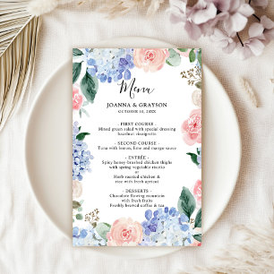 Dusty Blue Pastel Pink hydrangeas Wedding Menu