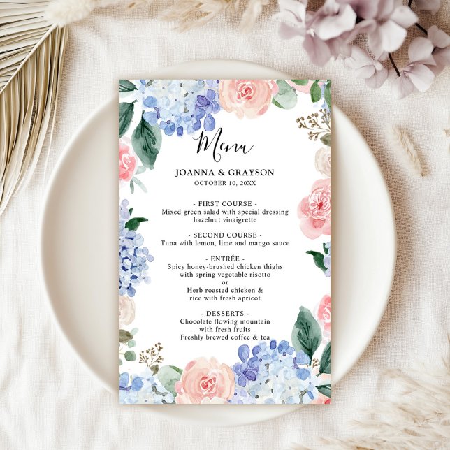 Dusty Blue Pastel Pink hydrangeas Wedding Menu (Dusty blue hydrangeas pastel pink roses wedding menu)