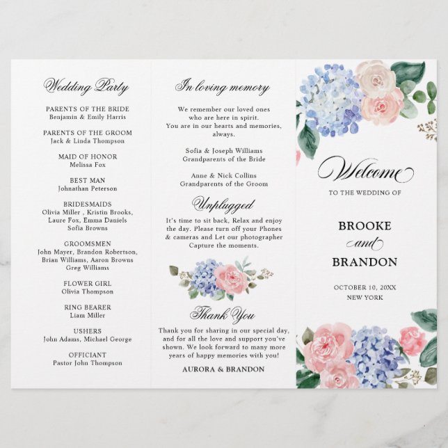 Dusty Blue Pastel Pink hydrangeas Wedding Program (Front)