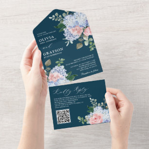 Dusty Blue Pastel Pink hydrangeas  Wedding QR Code All In One Invitation
