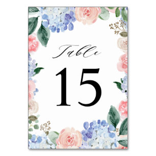 Dusty Blue Pastel Pink hydrangeas Wedding Table Number