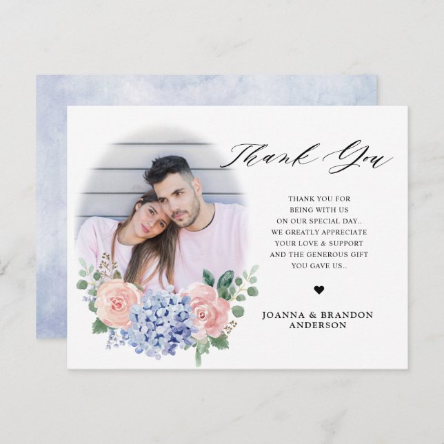 Dusty Blue Pastel Pink hydrangeas Wedding Thank You Card (Front/Back)