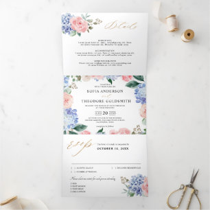 Dusty Blue Pastel Pink hydrangeas Wedding Tri-Fold Announcement