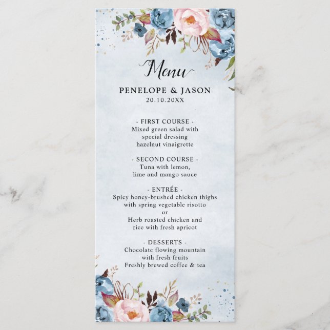 Dusty Blue Peach Blush Botanical Floral Wedding Menu (Front)