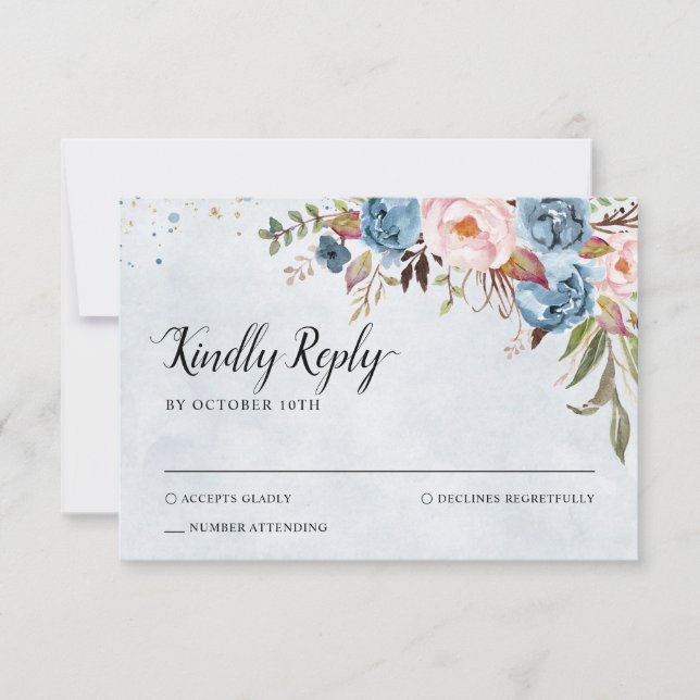 Dusty Blue Peach Blush Botanical Floral Wedding RSVP Card (Front)