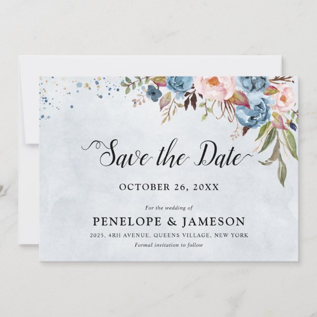 Dusty Blue Peach Blush Botanical Floral Wedding Sa Save The Date (Front)