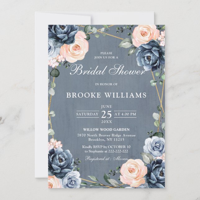 Dusty Blue Peach Blush Geometric Bridal Shower Invitation (Front)