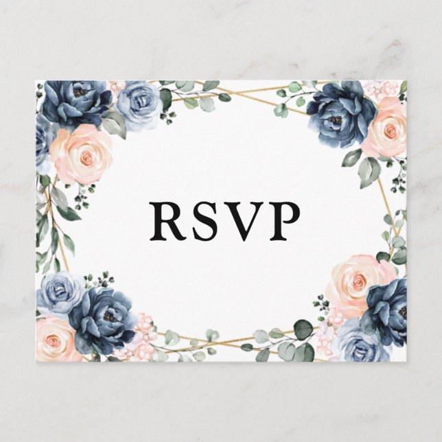 Dusty Blue Peach Blush Geometric Floral RSVP Postc Postcard (Front)