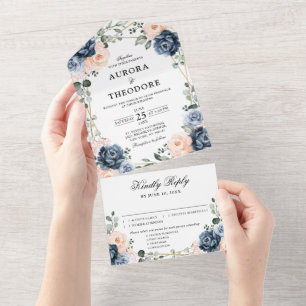 Dusty Blue Peach Blush Geometric Floral Wedding Al All In One Invitation