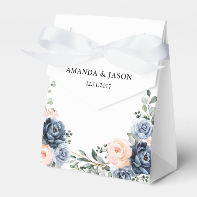 Dusty Blue Peach Blush Geometric Floral Wedding Fa Favour Box (Front Side)