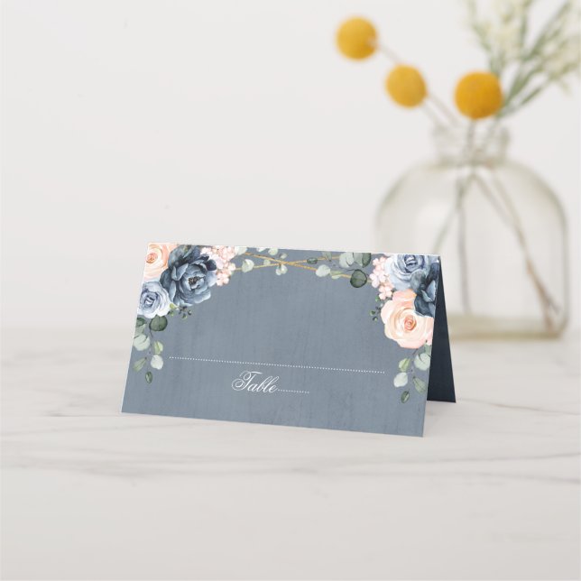 Dusty Blue Peach Blush Geometric Floral Wedding Place Card (Front)