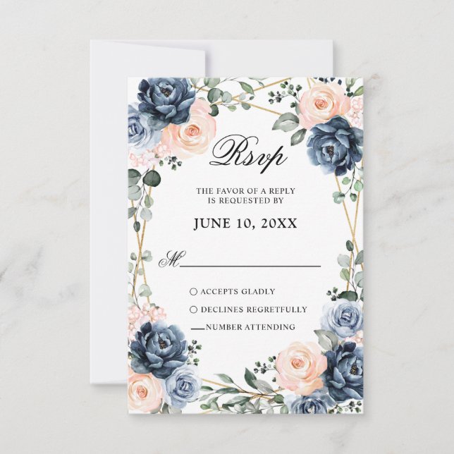Dusty Blue Peach Blush Geometric Floral Wedding RSVP Card (Front)