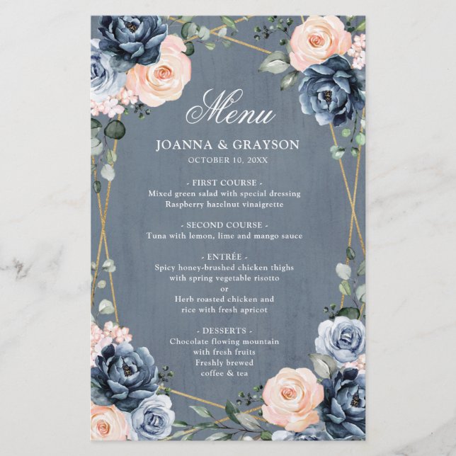 Dusty Blue Peach Blush Geometric Wedding Menu      (Front)