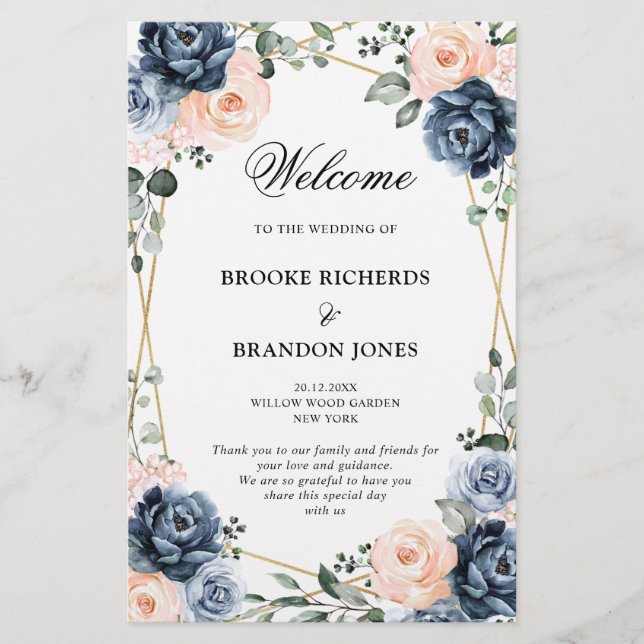 Dusty Blue Peach Blush Geometric Wedding Program (Front)