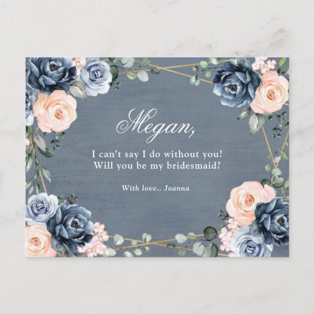Dusty Blue Peach Blush Will You Be My Bridesmaid Postcard (Front)