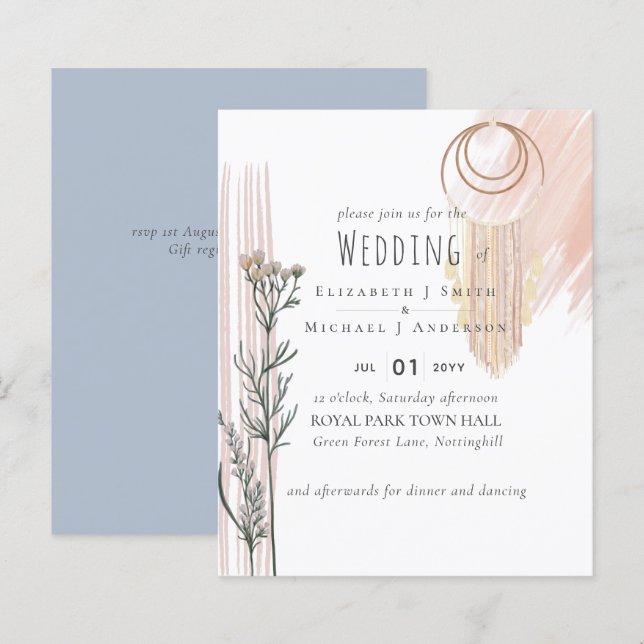 Dusty Blue Peach BOHO Wedding Invitation (Front/Back)