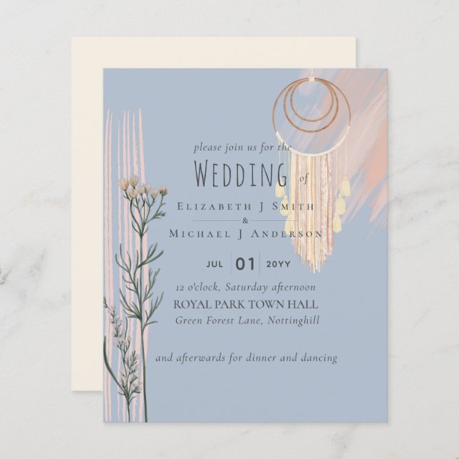 Dusty Blue Peach BOHO Wedding Invitation (Front/Back)