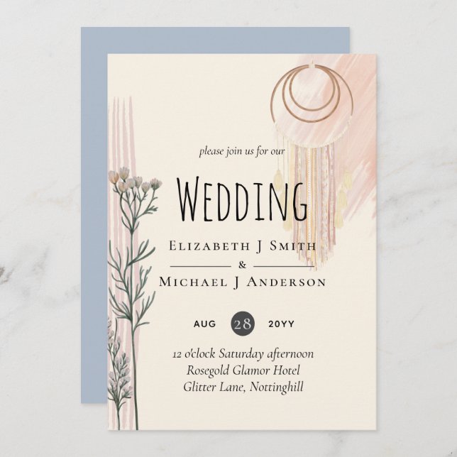 Dusty Blue Peach BOHO Wedding Invitation (Front/Back)
