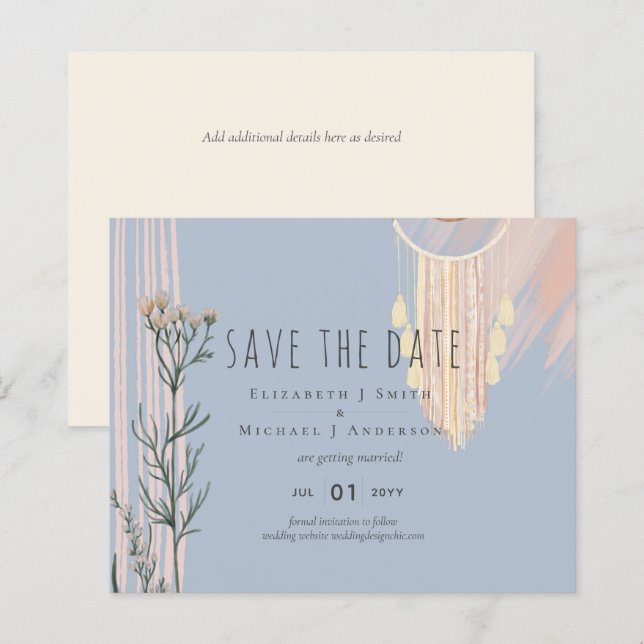 Dusty Blue Peach BOHO Wedding Save the Dates (Front/Back)