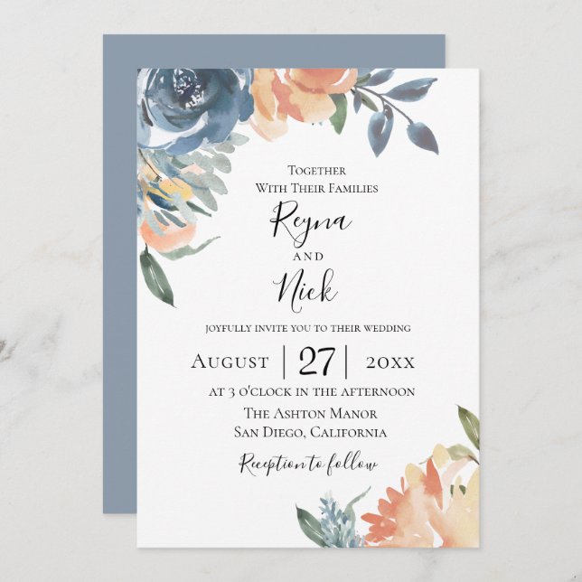 Dusty Blue Peach Botanical Wedding Invitation (Front/Back)