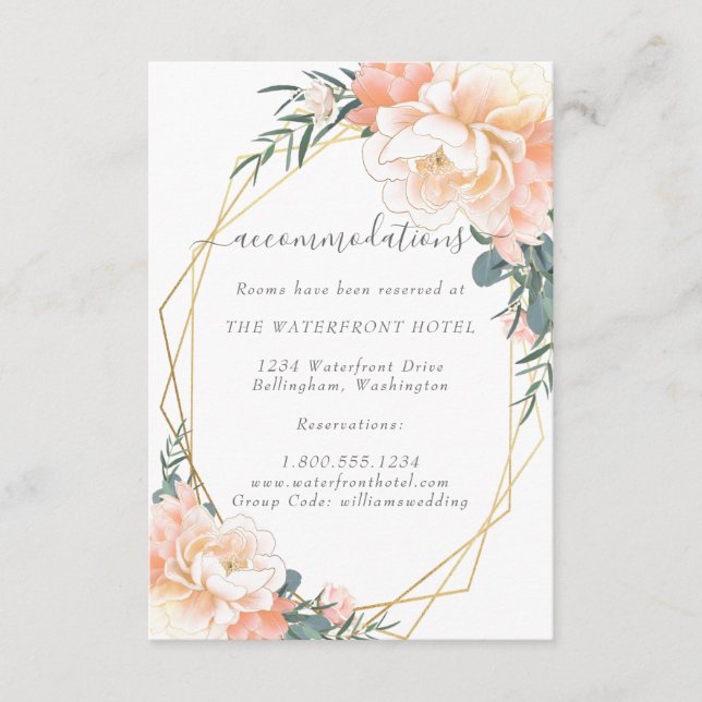 Dusty Blue Peach Floral Gold Wedding Accommodation Enclosure Card (Front)