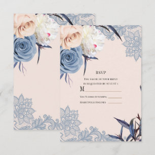 Dusty Blue & Peach Floral Lace Wedding RSVP Reply Invitation