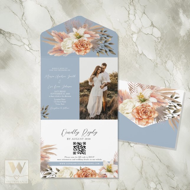 Dusty Blue Peach Floral QR Code Wedding All In One Invitation (Creator Uploaded)