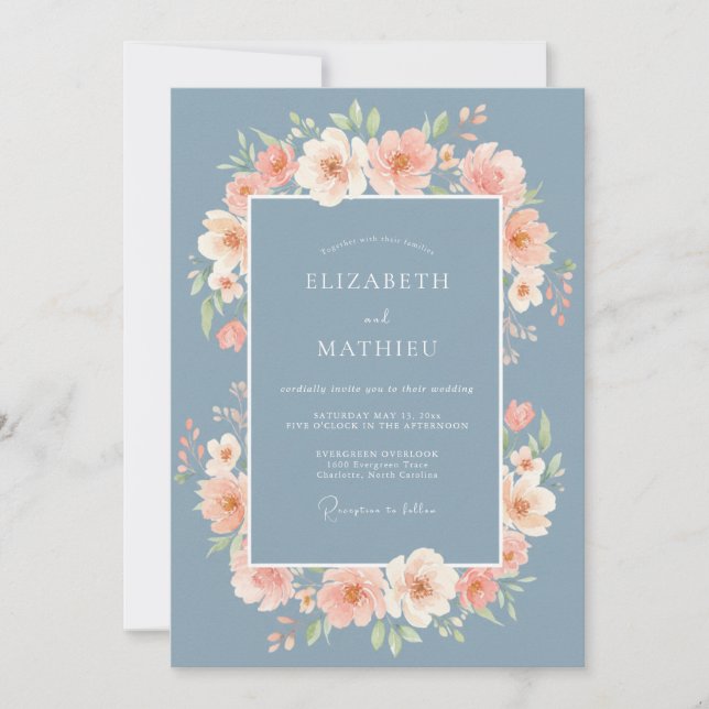 Dusty Blue Peach Floral Wedding Invitation (Front)
