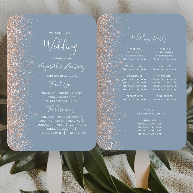 Dusty Blue Peach Glitter Edge Wedding Program Hand Fan (Creator Uploaded)