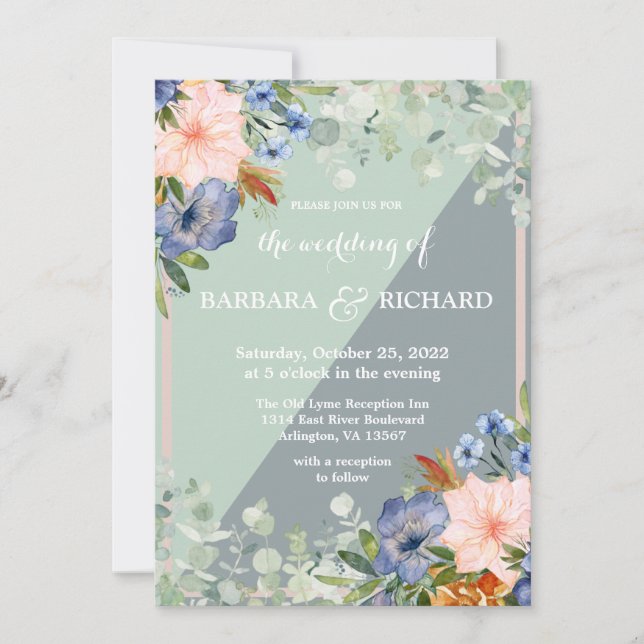Dusty Blue Peach Green Wedding Invitation (Front)