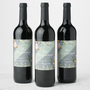 Dusty Blue Peach Green Wedding  Wine Label