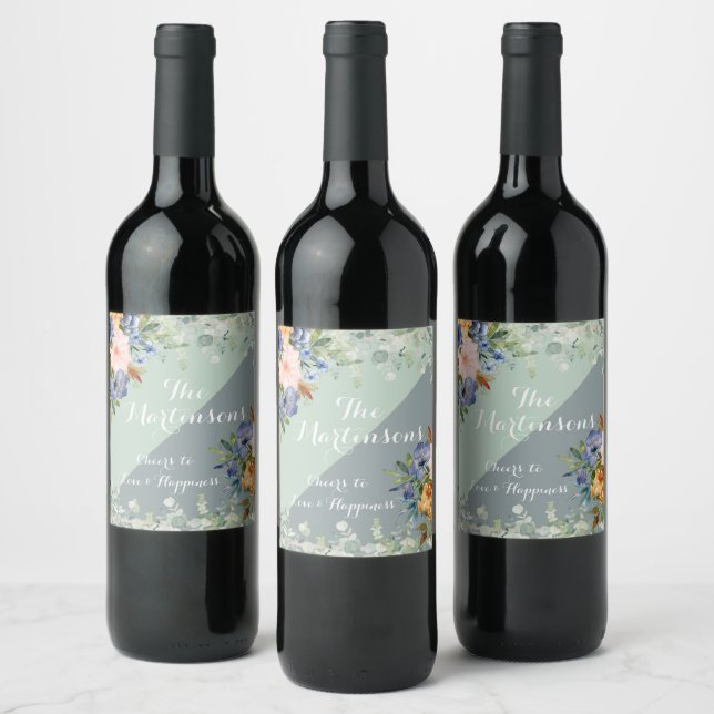 Dusty Blue Peach Green Wedding  Wine Label (Bottles)