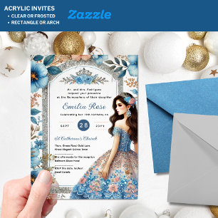 Dusty BLUE Peach Quinceañera Dress Floral Quince Acrylic Invitations