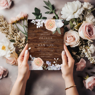 Dusty Blue & Peach Rustic Wood Wedding Invitation