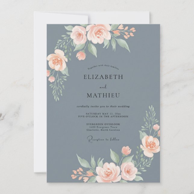 Dusty Blue Peach Watercolor Wedding Invitation (Front)