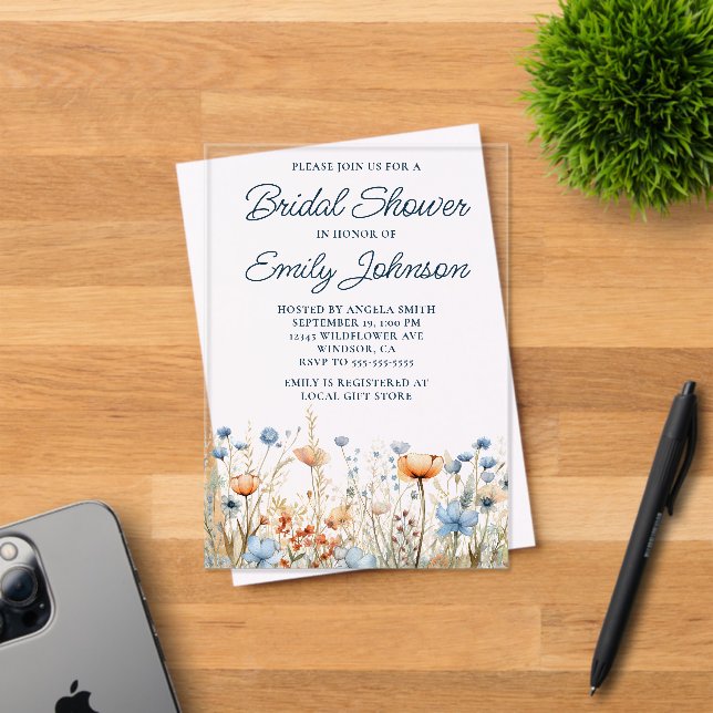 Dusty Blue Peach Wildflowers Bridal Shower Acrylic Invitations (Insitu (Invitation Card))