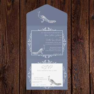 Dusty Blue Peacock Flourish All In One Invitation