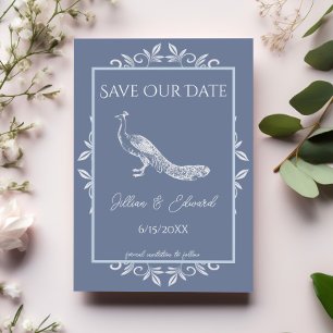 Dusty Blue Peacock Flourish Save The Date Announcement