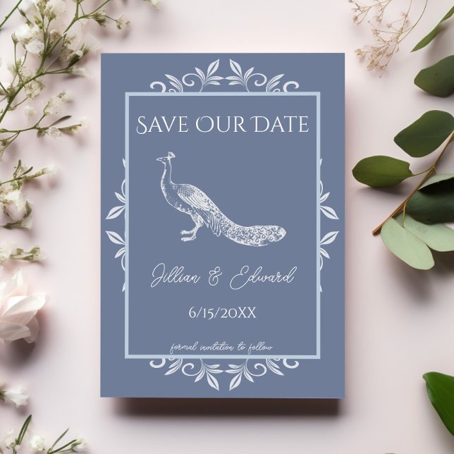 Dusty Blue Peacock Flourish Save The Date Announcement (Dusty Blue Peacock Flourish Save the Date)