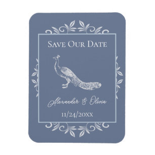 Dusty Blue Peacock Flourish Save The Date Magnet