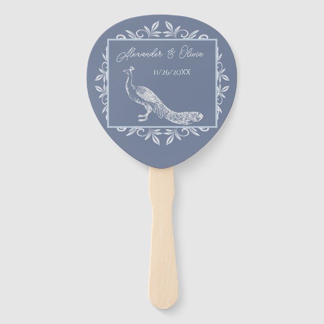 Dusty Blue Peacock Flourish Wedding Favour Hand Fa Hand Fan (Front)