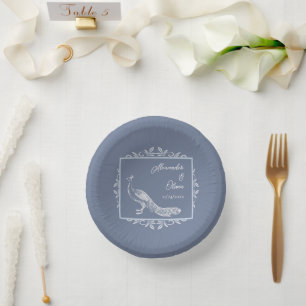 Dusty Blue Peacock Flourish Wedding Shower Paper Plate