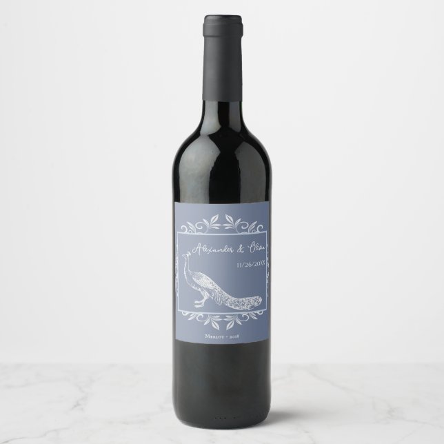 Dusty Blue Peacock Flourish Wedding Wine Label (Front)