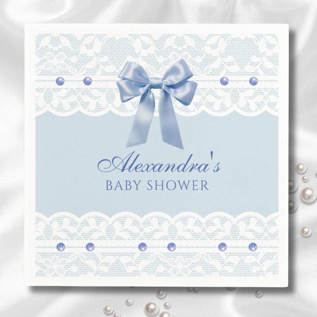 Dusty Blue Pearls Satin Bow Lace Baby Shower Napkin (Creator Uploaded)