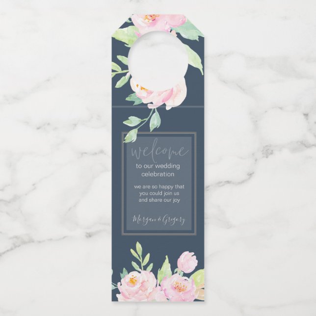 Dusty Blue Peonies Bottle Hanger Tags (Front)