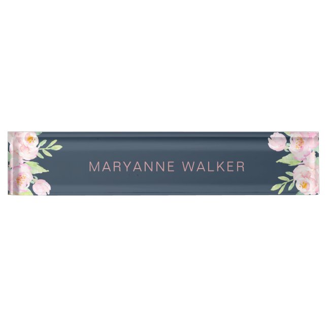 Dusty Blue Peonies Personalised Desk Nameplate (Front)